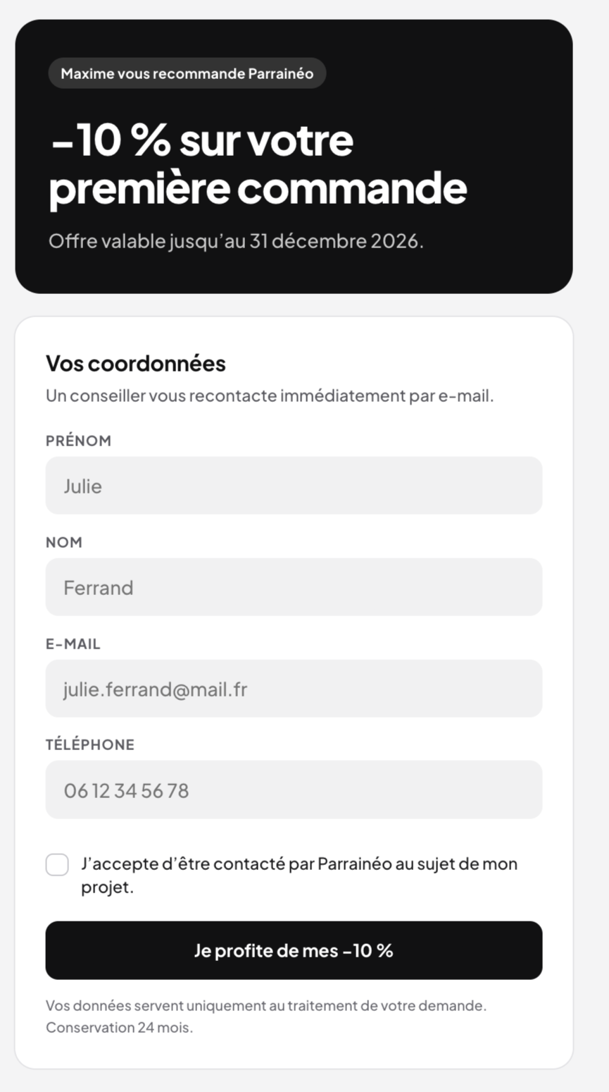 Page de parrainage vue par le filleul : offre −10 % et formulaire de contact